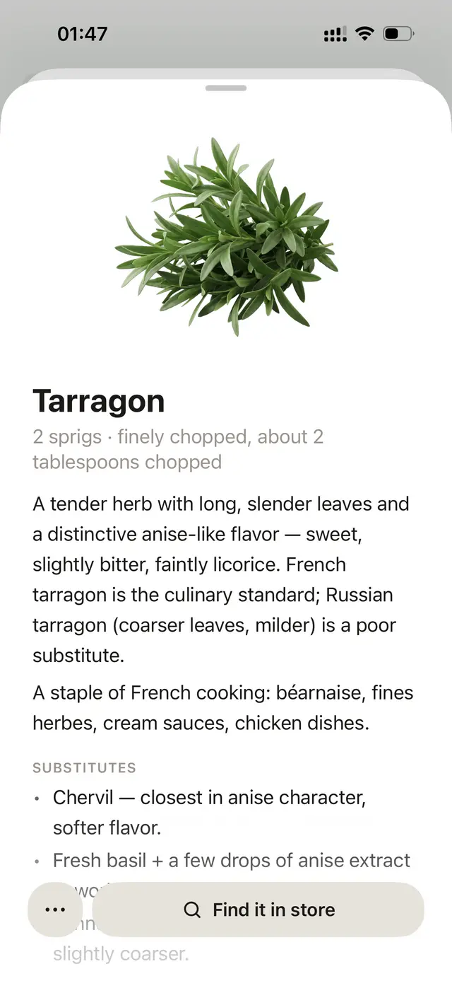 A glossary card for tarragon, with substitutes underneath.
