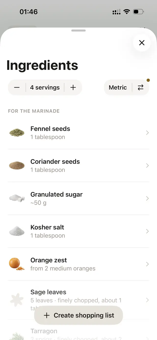 The ingredients sheet, with a metric toggle and a servings stepper.