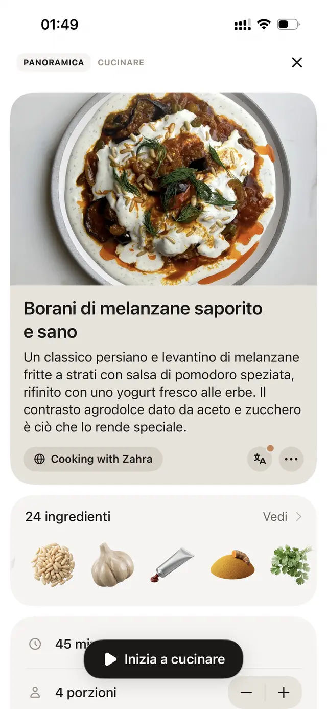 A recipe shown in Italian, its original language.