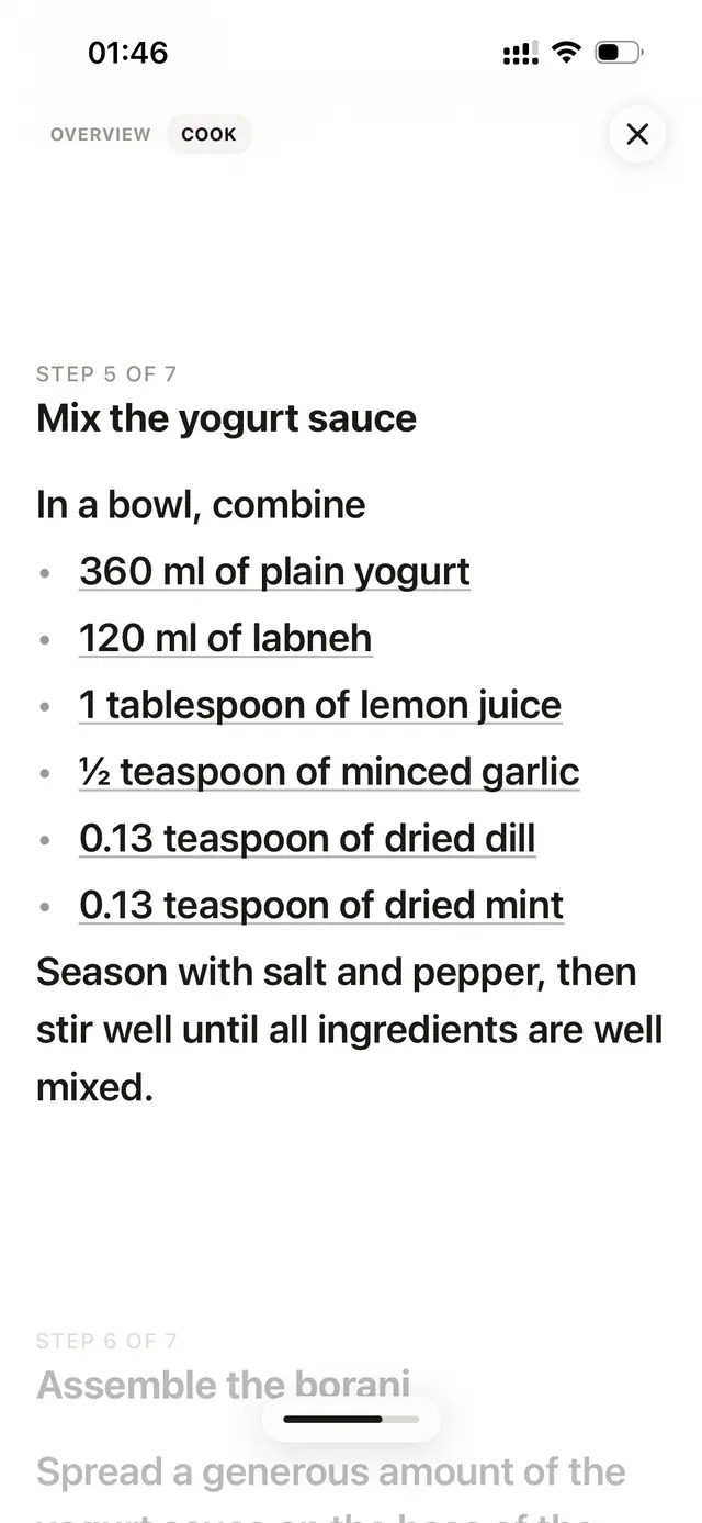 A cooking step with its amounts written into the instruction.
