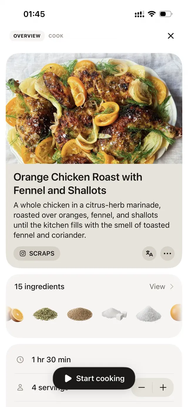 A recipe made from an Instagram video, with its source named under the title.
